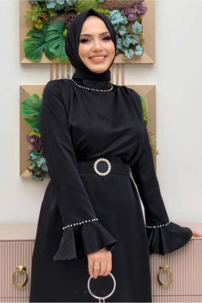 TRENDTESETTÜR KADIN SİYAH İNCİ DETAYLI KEMERLİ SATEN ABİYE ELBİSE T 3973