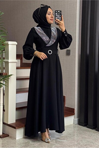 TRENDTESETTÜR KADIN SİYAH TAŞLI KEMERLİ ELBİSE T 2848
