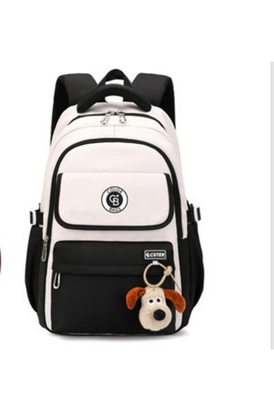 tiny wood Girl's Primary School Bag – Waterproof Fabric with Plush Keychain Black-Powder-Grey Pink