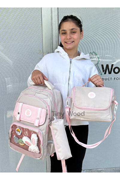 tiny wood Kawaii Kore Tarzı Aksesuarlı Ve Ergonomik Okul Sırt Çantası Siyah-Bej-Gri| Beslenme, Kalemlik Set