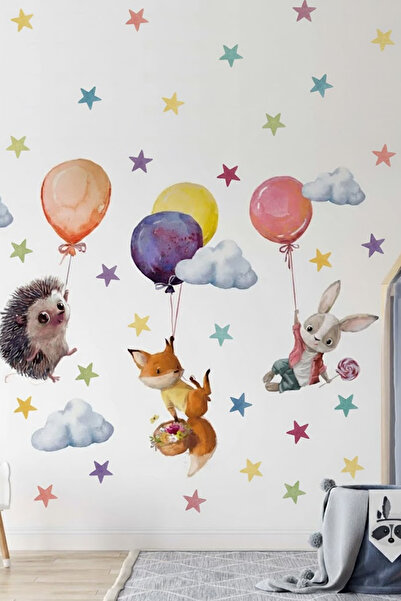 Kt Grup Sevimli Balonlu Hayvanlar ve Rengarenk Yıldızlar Çocuk Odası Duvar St...
