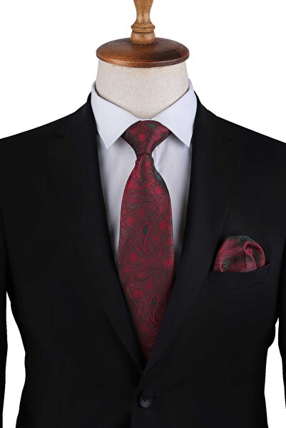 Kravatkolik Bordo Şal Desen Mendilli Klasik Kravat KK13124