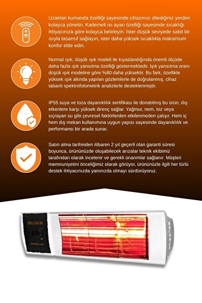 GOLDSUN Supra Plus 2000 Watt GSS20P Kumandalı Suya Dayanıklı Elektrikli İnfrared Isıtıcı-Beyaz