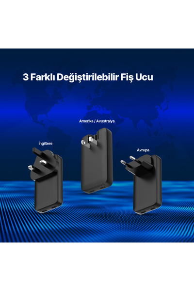 Ttec Smartcharger Trio Gan 65W Pd Avrupa-Ingiltere-Amerika/Avustralya Uluslararası Şarj Kiti 2SCG06S