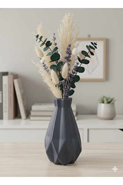 TACTIC Anthracite Geometric Stone Vase 17 cm - Decorative Stylish Tabletop Flower Holder