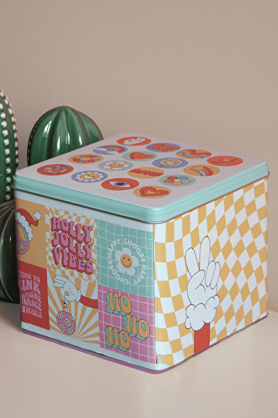 Sarkap Home Renkli Baskılı Kare Dekoratif Metal Saklama Kutusu