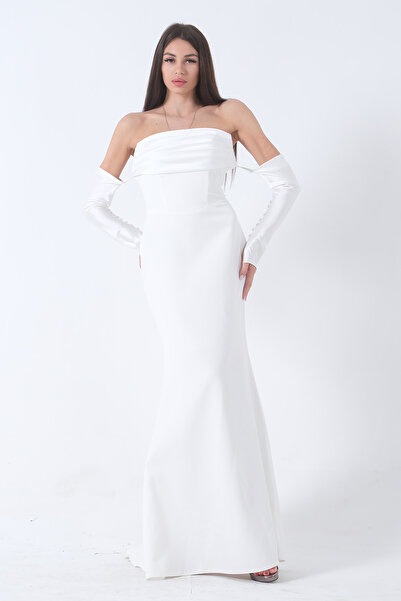 Feminist Drapeli Düğme Detaylı Uzun Abiye Beyaz 9705361