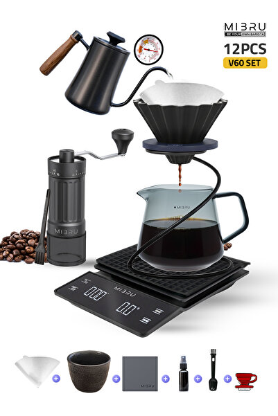 MIBRU Special V60 Coffee Set – 12 PCS Barista Kit with Kettle, Grinder, Dripper & Cups