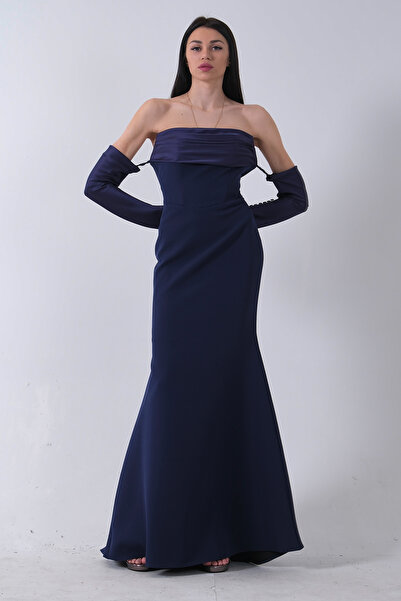 Feminist Drapeli Düğme Detaylı Uzun Abiye Lacivert 9705361