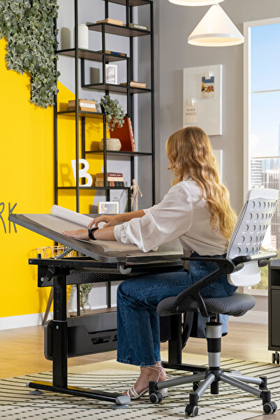 Creo Mobili Vega Basic Ev Ofis Kullanımı İçin Ayarlanabilir Çekmeceli Çalışma Masası - Antrasit/Gri - 130x70 Cm