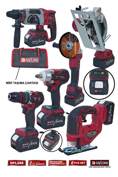 DAFLONG PRO 6'LI 4 BATARYALI TAŞIMA ÇANTALI İNŞAAT SETİ SUNTA KESME+DEKUPAJ MAKİNASI DFL-288