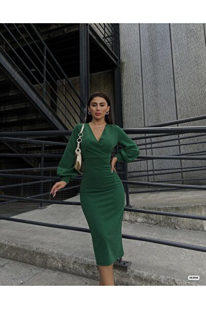 JANES Νέα σεζόν - Γυναικείο μίντι μοντέρνο μολύβι φόρεμα με μακρύ μανίκι και διπλό γιακά