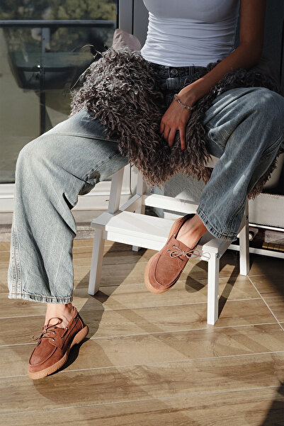 Marjin Kadın Hakiki Deri Bağlamalı Loafer Günlük Ayakkabı Enita Camel Süet