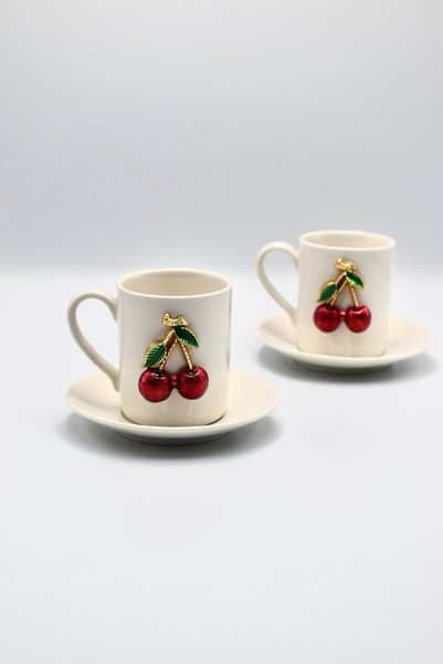iQey Home Cherry Detailed Porcelain Cup Set - 2 PERSON