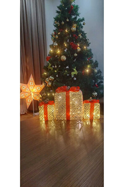 Kordelyadesign shop Yılbaşı ağacı altı LED ışıklı kutu 3 lü Set