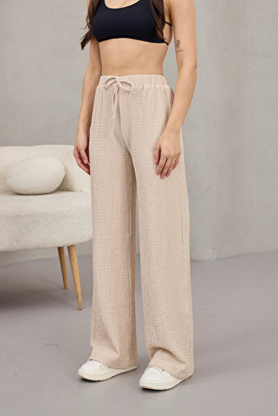 alanora Women's High Waist Wrinkle Detailed Seersucker Fabric Full Lycra Trousers