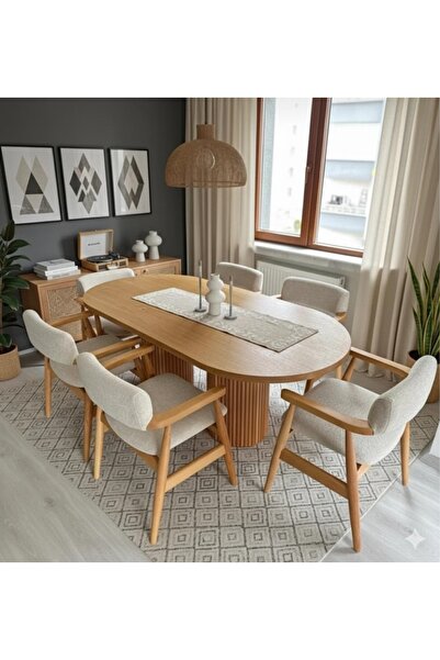 NORTE Bohem Masa Takımı RİO Kollu Ahşap Masa Takımı 6 Kişilik Masa Sandalye Takımı İskandinav Takım