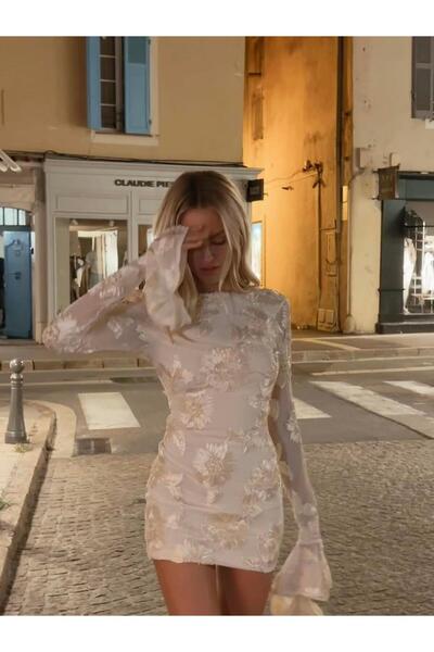 theanemos Ekru Çiçek İşlemeli Mini Elbise