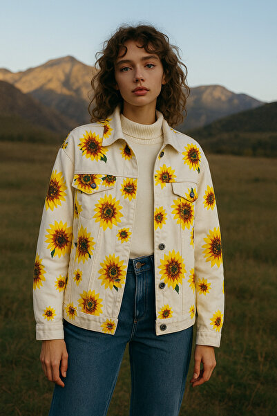GZ Design Hand Painted White Oversized Jean Jacket with Sunflower Figure