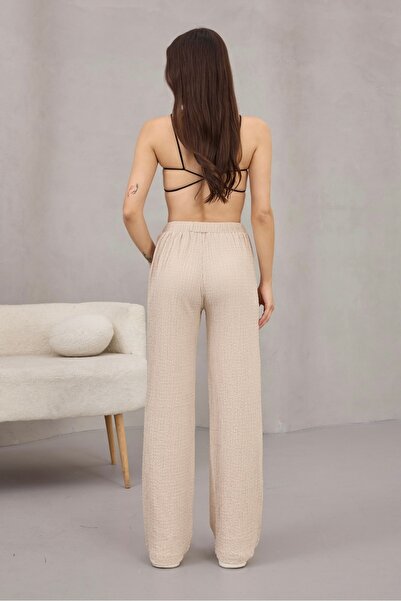 alanora Women's High Waist Wrinkle Detailed Seersucker Fabric Full Lycra Trousers