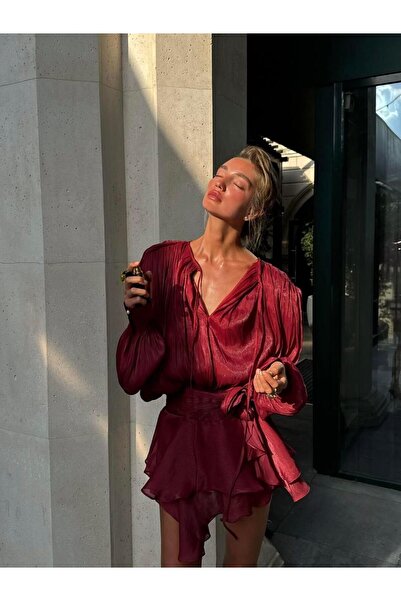 theanemos Saten Görünümlü Pliseli Bordo Mini Elbise