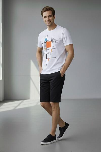 Sabri Özel Baskılı Bisiklet Yaka Erkek T-Shirt Ekru