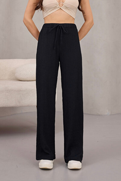 alanora Women's High Waist Wrinkle Detailed Seersucker Fabric Full Lycra Trousers