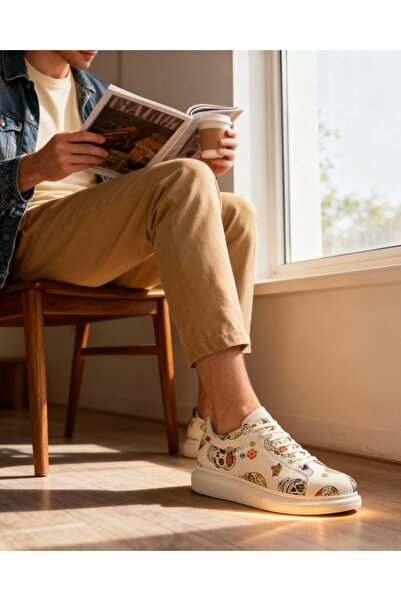 Knack Yüksek Taban Renkli Baskılı Günlük Ayakkabı 046 Beyaz Kurukafa