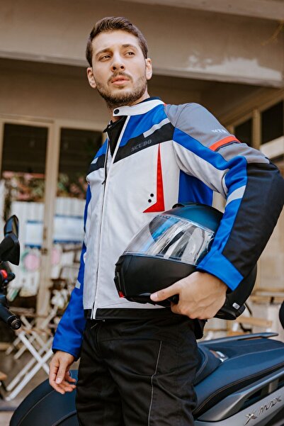 Scudo Madrid 3 Mevsim Erkek Motosiklet Ceketi - Gri Mavi Kırmızı