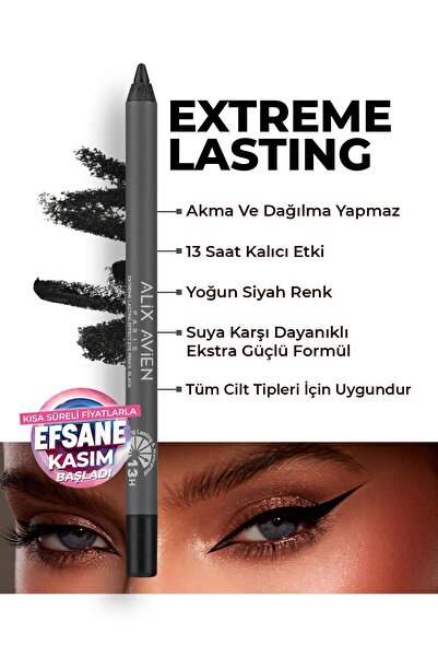 Alix Avien Suya Dayanıklı Siyah Göz Kalemi - 13 Saat Kalıcı Etki - Extreme Lasting Effect Eye Pencil Black