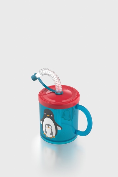 Renga Ruby Penguin Patterned 210 ml Pp Baby Cup with Straw and Handle 142003 Blue-Red