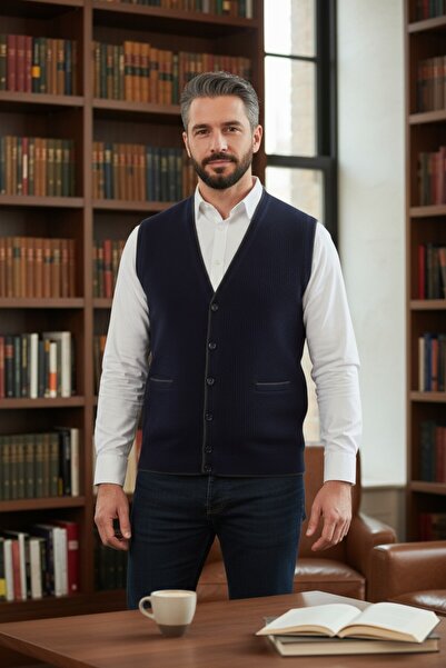 Kamalı Lacivert Erkek V Yaka Triko Düğmeli Cepli Çizgi Desenli Regular Fit Tüylenmeyen Örgü Yelek