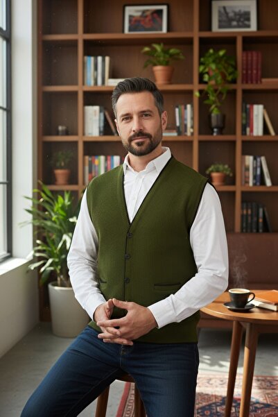 Kamalı Haki Erkek V Yaka Triko Düğmeli Cepli Çizgi Desenli Regular Fit Tüylenmeyen Örgü Yelek