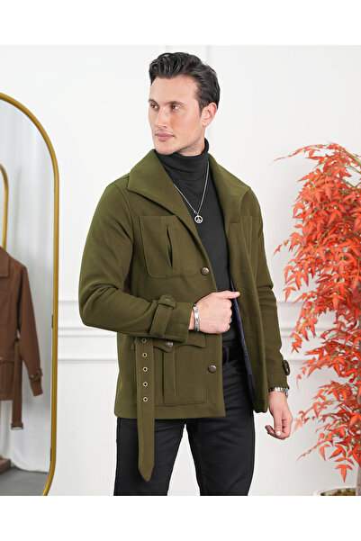 MODEFENDİ Erkek Haki Torba Cep Kayık Yaka Kemer Detaylı Kuzu Kaşmir Kaban