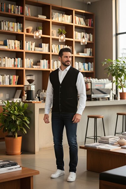 Kamalı Μαύρο ανδρικό πλεκτό με λαιμόκοψη V με κουμπιά με μοτίβο γραμμής τσέπης κανονική εφαρμογή που δεν κολλάει πλεκτό γιλέκο