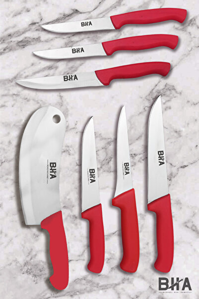 Sürmene Bıçakçı Hacı Ahmet BHA Cherry Details 7 Parça Kırmızı Et, Ekmek, Sebze Mutfak, Kurban ve Çeyiz Bıçakları Seti