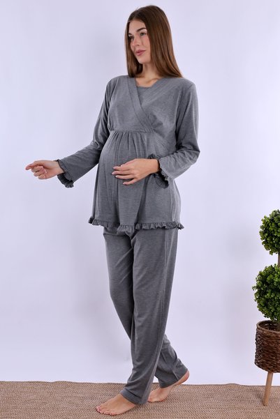 ByLohusa Pamuklu Gizli Emzirme Detaylı Hamile & Lohusa Pijama Takımı | Ayarlanabilir Bel Effortt - Füme