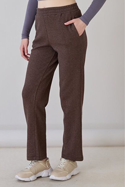 Sortie Women's Regular Fit Pipe Leg Brown Glitter Knitted Trousers