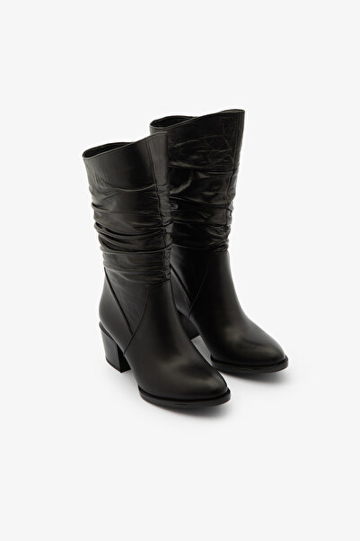 SAYL Körüklü Siyah Hakiki Deri Çizme Kadın Topuklu Çizme