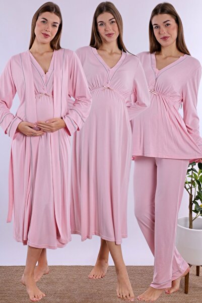 ByLohusa Emzirme Özellikli Pamuklu Hamile Lohusa Set 4 Parça Effortt - Pembe