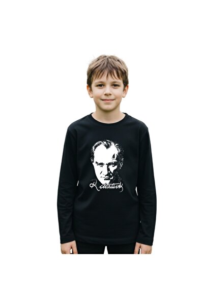 Parti Kırtasiye Siyah Atatürk Baskılı Uzun Kol T-shirt Tişört