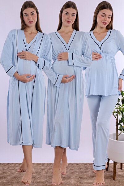 ByLohusa Emzirme Özellikli Pamuklu Hamile Lohusa Set 4 Parça Effortt - Mavi