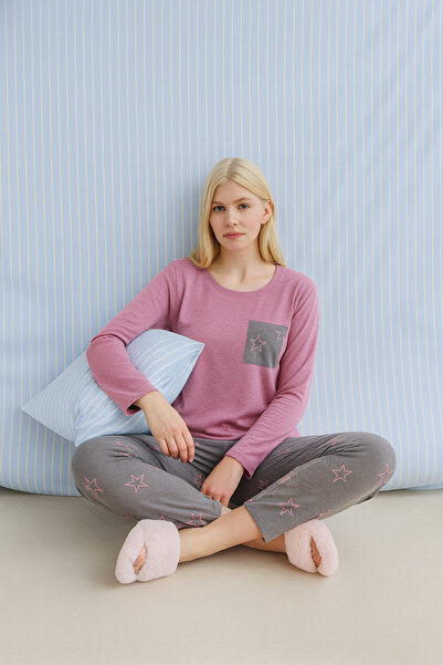 rindahomewear طقم بيجامة فيسكوز نسائي بأكمام طويلة