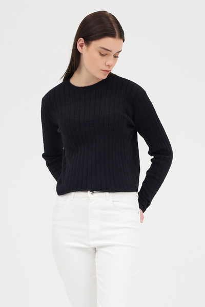 Rays Pulover negru guler rotund pentru femei cu mânecă lungă 2412