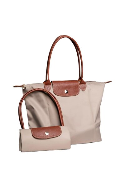 birizmoda حقيبة يد وكتف نسائية كبيرة الحجم قابلة للطي بمقبض جلدي - لون مينك-تان