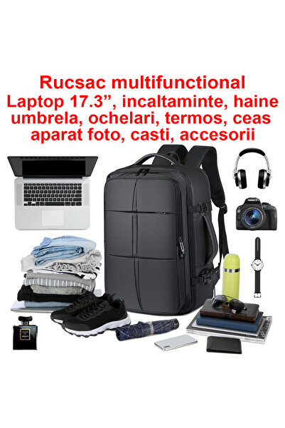 OptimStar Rucsac pentru laptop, 17,3”, multifuncțional, extensibil până la 40L, impermeabil, cu port USB, negru