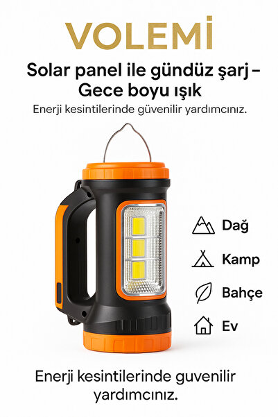 VOLEMİ Güneş Enerjili Şarjlı Kamp Lambası | V-003 (3 W + 15 W) Uzun Menzilli Acil Durum Feneri