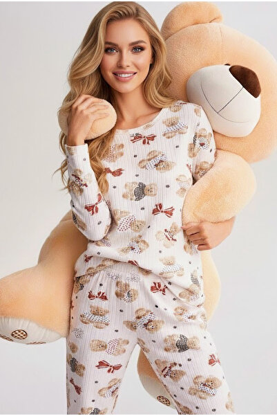 Siyah İnci beyaz ayıcık desenli Yumuşak Tuşe Kışlık Fitilli Pamuklu Örme Pijama Takım 7956