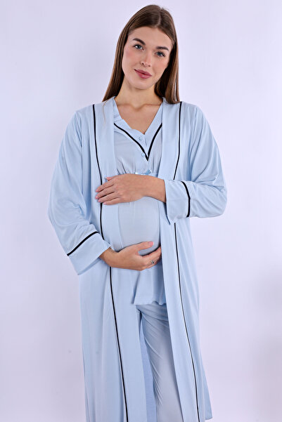 ByLohusa Effortt Mavi Sabahlıklı Hamile Lohusa Pijama Takımı