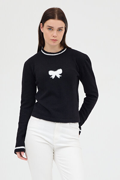 Rays Black Crew Neck Ribbon Detailed Women's Sweater 2359